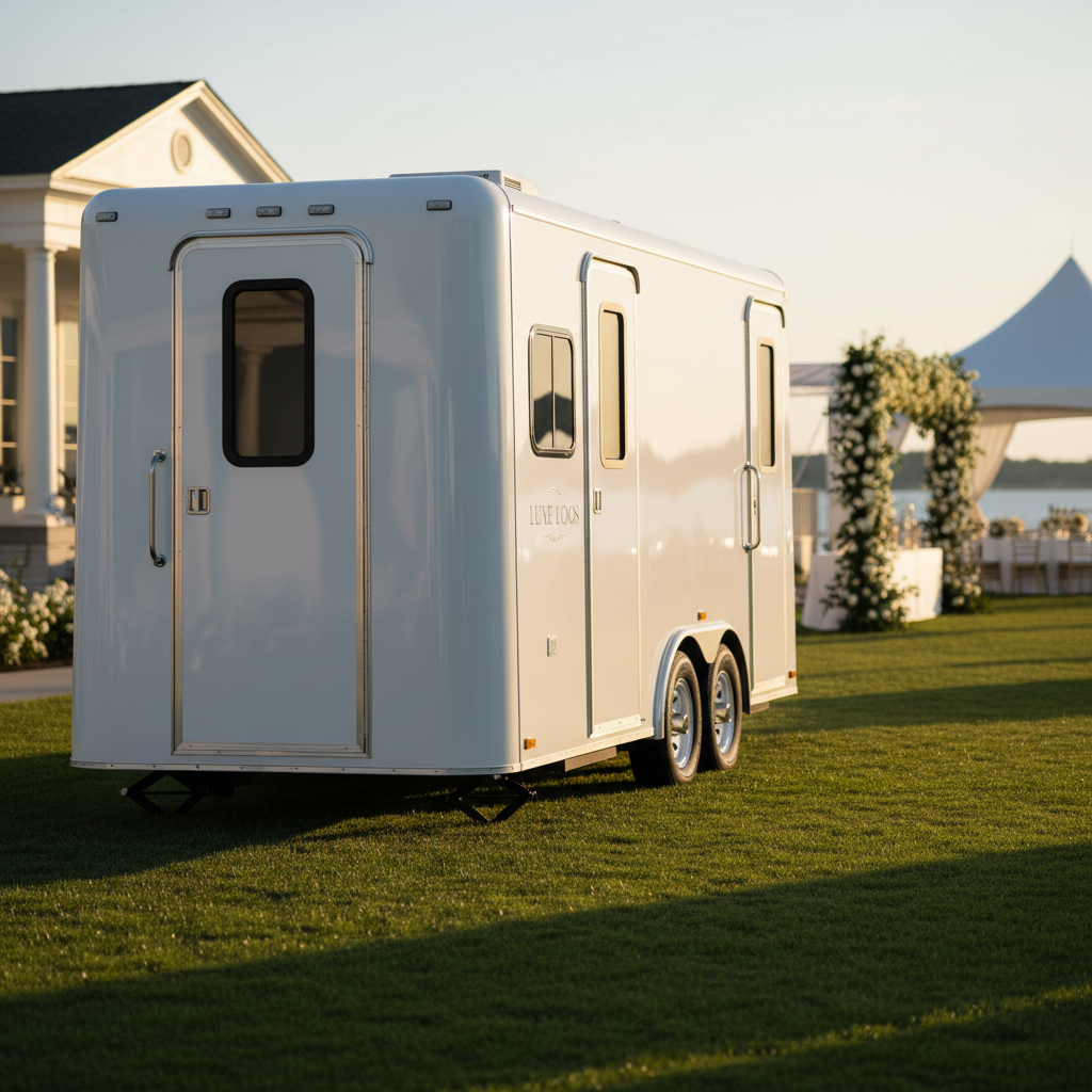 A gleaming white luxury restroom trailer with subtle silver trim and polished chrome accents, parked on a manicured lawn outside an elegant waterfront venue in the Hampton Roads area. The trailer’s sleek, modern doors and small frosted windows suggest a refined interior. Soft golden hour sunlight bathes the scene, creating gentle reflections on the trailer’s surface and long, graceful shadows across the grass. In the blurred background, a refined outdoor event setup with white tents and floral arrangements hints at a high-end celebration. Photographic realism, eye-level composition with the trailer slightly off-center, sharp focus on the trailer, and a calm, sophisticated atmosphere suitable for a hero image on a luxury toilet rental website.