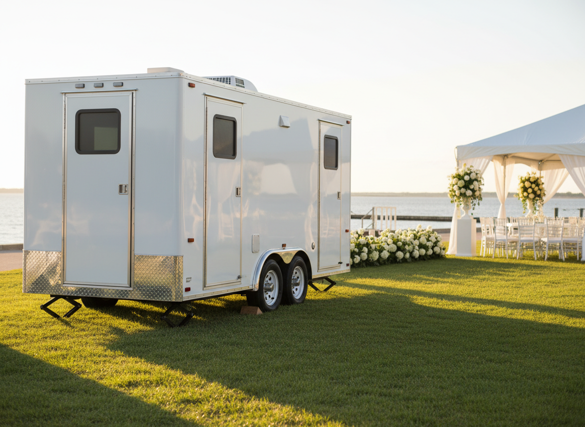 A gleaming white luxury restroom trailer with subtle silver trim and polished chrome accents, parked on a manicured lawn outside an elegant waterfront venue in the Hampton Roads area. The trailer’s sleek, modern doors and small frosted windows suggest a refined interior. Soft golden hour sunlight bathes the scene, creating gentle reflections on the trailer’s surface and long, graceful shadows across the grass. In the blurred background, a refined outdoor event setup with white tents and floral arrangements hints at a high-end celebration. Photographic realism, eye-level composition with the trailer slightly off-center, sharp focus on the trailer, and a calm, sophisticated atmosphere suitable for a hero image on a luxury toilet rental website.