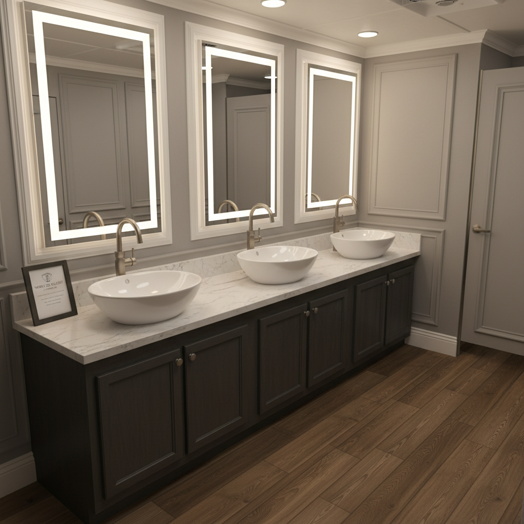 The interior of a luxury restroom trailer, featuring a row of pristine white porcelain sinks set into a quartz-look countertop with subtle veining, under sleek brushed-nickel faucets. The walls are finished in a soft dove-gray paneling with tasteful molding, and the floor has high-end wood-look planks. Soft, warm overhead LED lighting and an illuminated mirror create an inviting glow, with delicate reflections on the fixtures. In the background, closed stall doors with elegant hardware suggest privacy and comfort. Photographic realism, captured from a slightly elevated angle with sharp focus throughout, conveying cleanliness, sophistication, and the upscale nature of The Water Closet LLC’s rentals.