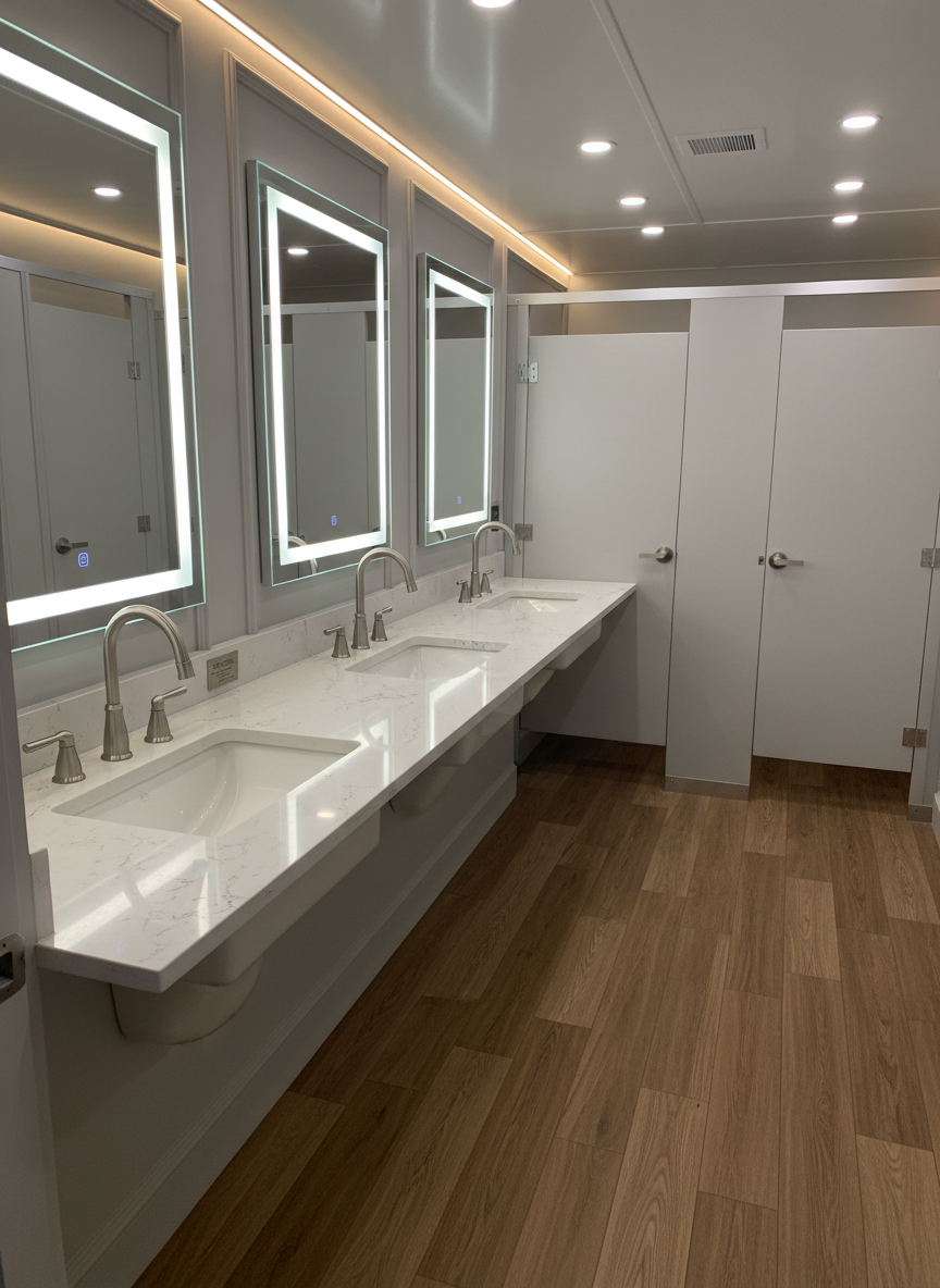 The interior of a luxury restroom trailer, featuring a row of pristine white porcelain sinks set into a quartz-look countertop with subtle veining, under sleek brushed-nickel faucets. The walls are finished in a soft dove-gray paneling with tasteful molding, and the floor has high-end wood-look planks. Soft, warm overhead LED lighting and an illuminated mirror create an inviting glow, with delicate reflections on the fixtures. In the background, closed stall doors with elegant hardware suggest privacy and comfort. Photographic realism, captured from a slightly elevated angle with sharp focus throughout, conveying cleanliness, sophistication, and the upscale nature of The Water Closet LLC’s rentals.