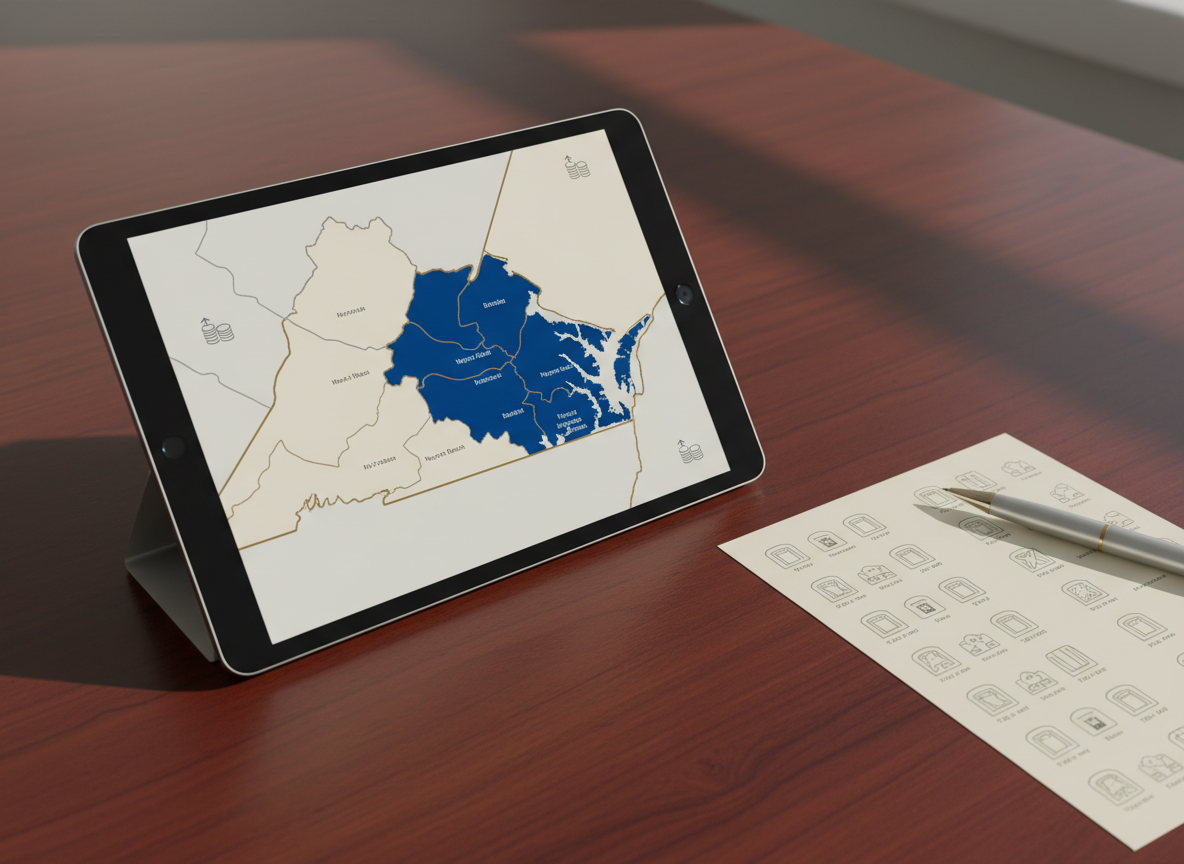 A stylized service area map displayed on a sleek tablet resting on a polished wood desk, showing the Hampton Roads region in soft neutral tones. The core service area is highlighted in a sophisticated deep blue, while neighboring North Carolina and Eastern Shore zones are outlined with a subtle gold edge and small, tasteful cost icons suggesting additional fees, all without text. Beside the tablet, a printed rate sheet with minimalist symbols and a pen sit neatly arranged. Soft overhead studio lighting creates gentle shadows and a professional, orderly mood. Photographic realism, eye-level composition with a slight angle, sharp focus on the tablet screen, reinforcing transparent service coverage and premium toilet rental offerings.