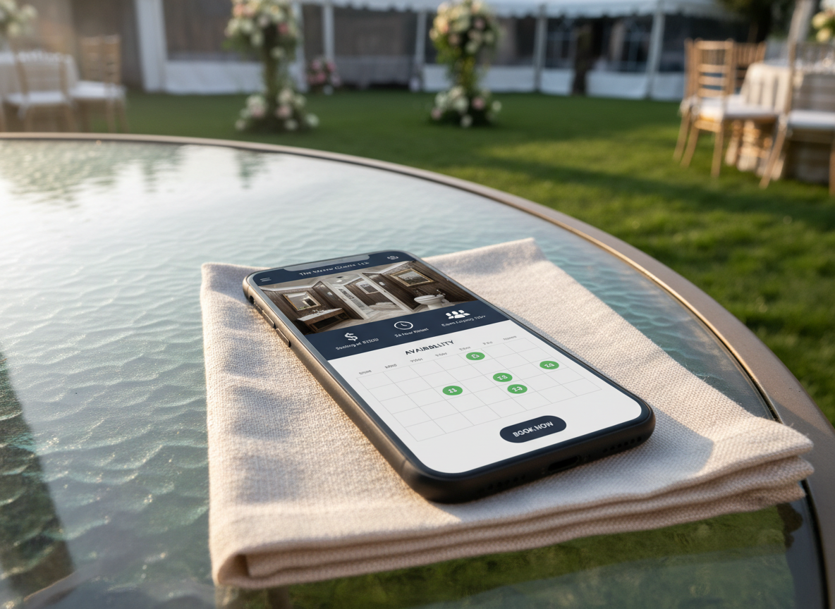 A clean, modern website mockup displayed on a slim, dark smartphone lying on a glass-topped outdoor table beside a neatly folded linen napkin. On the phone screen, a sophisticated interface for The Water Closet LLC is visible, with a large photographic thumbnail of a luxury toilet trailer, a clearly highlighted pricing section using elegant icons, and an easy-to-tap availability calendar grid. Soft afternoon light filters in from the side, creating gentle reflections on the phone’s edge and the glass surface. Background elements, like an out-of-focus lawn and event décor, hint at an upscale gathering. Photographic realism, slightly elevated angle, crisp focus on the phone, conveying mobile-optimized convenience and premium service.